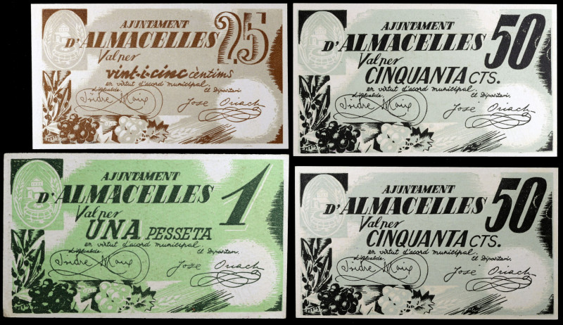 Almacelles. Ajuntament. 25, 50 céntimos (dos) y 1 peseta. (T. 153 a 155). 4 bill...