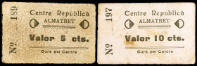 Almatret. Centre Republicà. 5 y 10 céntimos. (AL. falta) (RGH. 6221 y 6222). 2 cartones, serie completa. Nº 189 y 197. Muy raros. MBC-/MBC.
