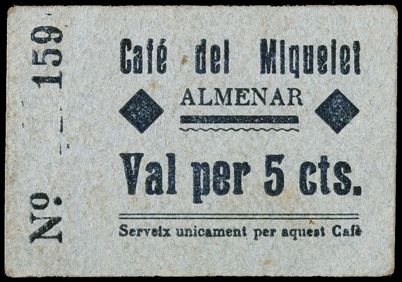 Almenar. Café del Miquelet. 5 céntimos. (AL. 3421) (RGH. 6229). Cartón nº 159. F...