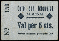 Almenar. Café del Miquelet. 5 céntimos. (AL. 3421) (RGH. 6229). Cartón nº 159. Firma al dorso. Muy raro. EBC.