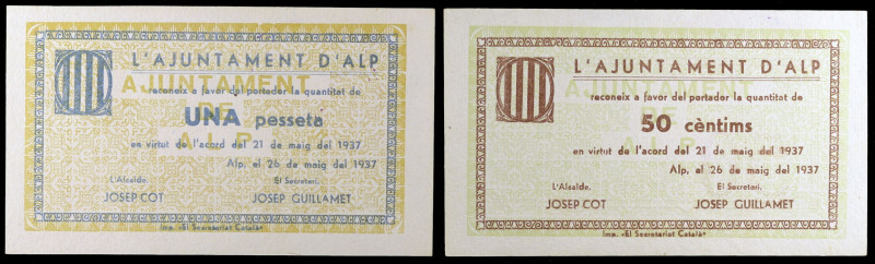 Alp. 50 céntimos y 1 peseta. (T. 181 y 182). 2 billetes, serie completa. Los 50 ...