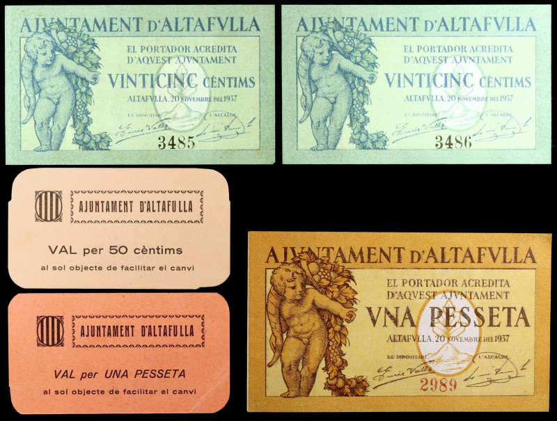 Altafulla. 25 (dos), 50 céntimos y 1 peseta. (T. 183 a 186). 3 billetes y 2 cart...