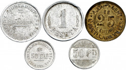 L'Ametlla del Vallès. 25, 50 céntimos (dos) y 1 peseta (dos). (T. 199 a 203) (AC. 1 a 5). 5 monedas, serie completa. Raras. MBC/EBC+.
