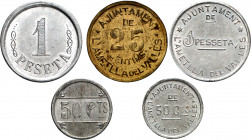 L'Ametlla del Vallès. 25, 50 céntimos (dos) y 1 peseta (dos). (T. 199 a 203) (AC. 1 a 5). 5 monedas, serie completa. Raras. MBC-/EBC.