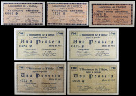 L'Arboç. Ajuntament. 25 céntimos (tres) y 1 peseta (cuatro). (T. 225 a 227). 7 billetes, 1 pareja correlativa (nº 0424 y 0425), 2 series completas. Un...
