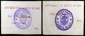 Arenys de Mar. Ajuntament. 1 peseta y 2 rals. (T. 240 var y 241 var). 2 billetes, serie completa. El de peseta nº 114 con "AJUNTAMENTT DE" y el de 2 r...