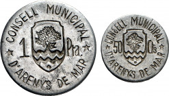 Arenys de Mar. Consell Municipal. 50 céntimos y 1 peseta. (T. 245 y 246) (AC. 6 y 7). 2 monedas, serie completa. Escasas. EBC-/EBC.