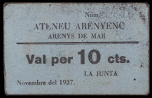 Arenys de Mar. Ateneu Arenyenc. 10 céntimos. (AL. 281) (RGH. 6340). Cartón. Raro. MBC.