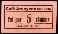 Arenys de Mar. Café Arenyenc. 5 céntimos. (AL. falta valor) (RGH. falta valor). Cartón. Raro. MBC.