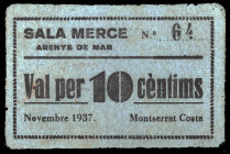 Arenys de Mar. Sala Mercè. Montserrat Costa. 10 céntimos. (AL. 286) (RGH. 6356). Cartón nº 64. Raro. MBC.