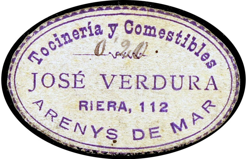 Arenys de Mar. Tocinería y Comestibles José Verdura. 20 céntimos. (AL. falta) (R...