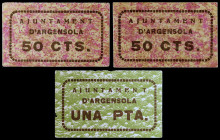 Argensola (Argençola). 50 céntimos (dos) y 1 peseta. (T. 254a, 255 y 255b). 3 cartones, nº 064, 172 y 246. Muy raros y más así. EBC/EBC+.