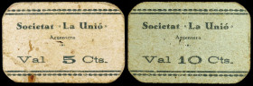 Argentera. Societat "La Unió". 5 y 10 céntimos. (AL. 2728 y 2729) (RGH. 6387 y 6388). 2 cartones nº 9 y 36. Serie completa. Raros. BC/BC+.