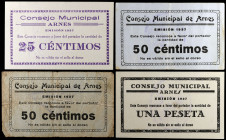 Arnes. Consejo Municipal. 25, 50 céntimos (dos) y 1 peseta. (T. 268 a 271). 4 billetes, una serie completa. Escritos en castellano. Rarísimos. BC+/EBC...