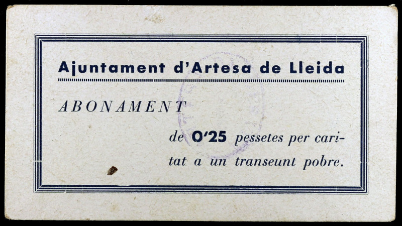 Artesa de Lleida. 25 céntimos. (Falta en todas las obras de consulta). "Abonamen...