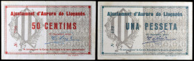 Aurora de Lluçanès. 50 céntimos y 1 peseta. (T. 305 y 306). 2 billetes. Todos los de la localidad. Con documento de época. Escasos. MBC-.