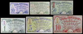 Badalona. Unió de Cooperadors. 10, 25, 50 céntimos, 1, 5 y 10 pesetas. (T. 318 a 322 y falta). 6 billetes. Todos los de la localidad incluyendo el de ...