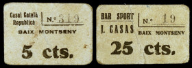 Baix Montseny. 5 y 25 céntimos. (AL. falta) (RGH. falta). 2 cartones: Casal Català Republicà y Bar Sport J. Casas nº 19. Raros. BC+/MBC-.
