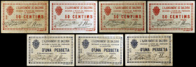 Balenyà. 50 céntimos (cuatro) y 1 peseta (tres). (T. 345, 345a, 345b, 346, 346a var, 346b y 346c). 7 billetes, 3 series completas con variantes. Todos...