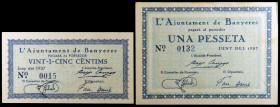 Banyeres. 25 céntimos y 1 peseta. (T. 353 y 354). 2 billetes. Todos los de la localidad. Nº 0015 y 0132. Raros así. EBC/EBC+.
