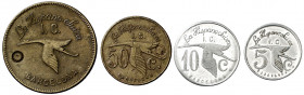 Barcelona. La Hispano Suiza I. C. (Indústria Col·lectivitzada). 5, 10, 50 céntimos y 1 peseta. (AL. 1555, 1556, 1558 y 1559). 4 monedas. MBC-/EBC.