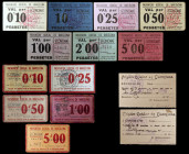 Barcelona. 14 billetes y cartones de prisiones. Raros. MBC/EBC-.