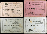 Batea. Ajuntament. 50 céntimos, 1 (dos) y 2 pesetas. (T. 384 a 387). 4 cartones, 2 firmados. La peseta firmada y las 2 pesetas sin firmar no figuraban...