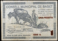 Beget. 1 peseta. (T. 395b). Error en el nombre del pueblo (Baget). Extraordinariamente raro, sólo hemos tenido otros dos ejemplares. MBC.