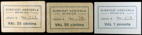 Beguda Alta. Sindicat Agrícola. 25, 50 céntimos y 1 peseta. (T. 405, 406 y 407, mismo ejemplar). 3 cartones, serie completa. Los 25 céntimos nº 151, l...