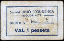 Beguda Alta. Societat Recreativa Unió Begudenca. 1 peseta. (AL. falta) (RGH. falta). Cartón nº 8. Rarísimo. MBC-.