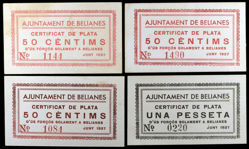 Belianes. 50 céntimos (tres) y 1 peseta. (T. 417, 418, 418a y 418b). 4 billetes....