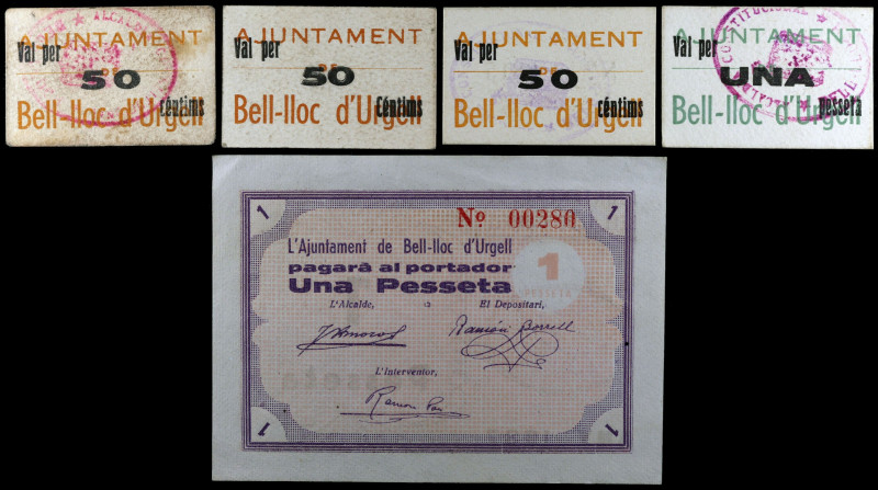 Bell-lloc d'Urgell. 50 céntimos (tres) y 1 peseta (dos). (T. 443, 444c, 445, 445...