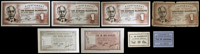 Les Borges Blanques. 10, 50 céntimos, 1 (cinco) y 2 pesetas. (T. 578, 580 var, 5...