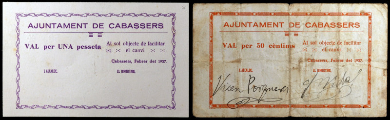 Cabassers. 50 céntimos y 1 peseta. (T. 642 var y 643). 2 billetes, serie complet...