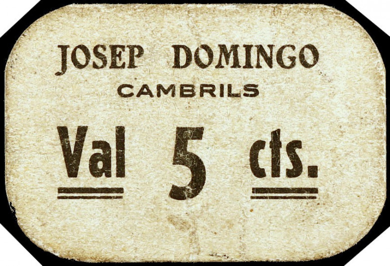 Cambrils de Mar. Josep Domingo. 5 céntimos. (AL. 2730) (RGH. 7327). Cartón. Muy ...