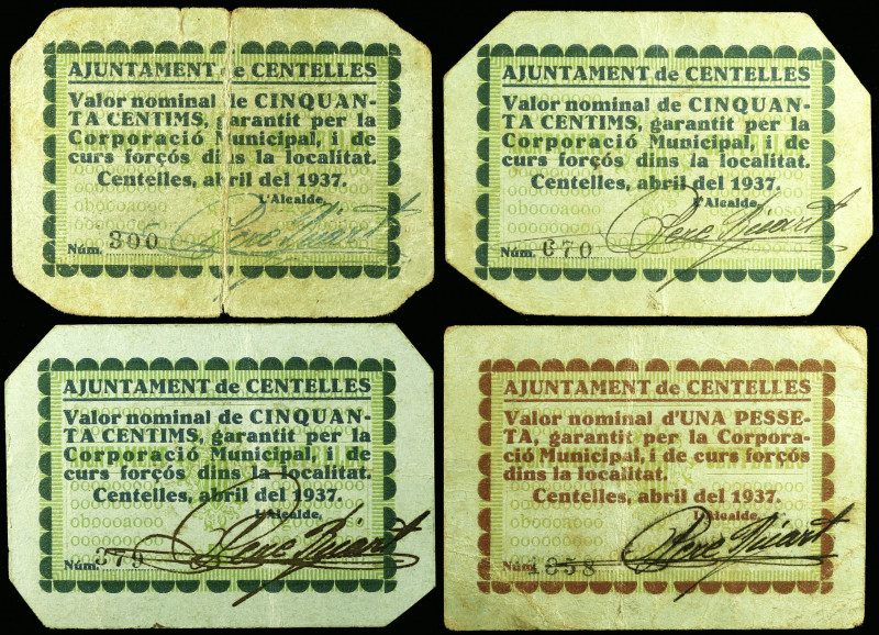 Centelles. 50 céntimos (tres) y 1 peseta. (T. 929, 930 y 930a). 4 cartones, una ...