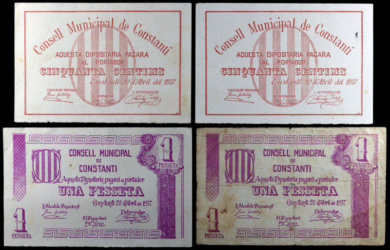 Constantí. 50 céntimos (dos) y 1 peseta (dos). (T. 1002, 1002 var, 1003 y 1003a)...