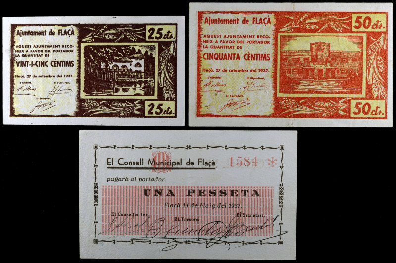 Flaçà. 25, 50 céntimos y 1 peseta. (T. 1184 a 1186). 3 billetes. Todos los de la...