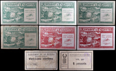 La Garriga. 25 céntimos (cinco) y 1 peseta (tres). (T. 1268 a 1271, 1271a, 1272, 1273 y 1273b). 8 billetes. Todos los de la localidad. Una peseta nº 3...