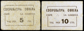 La Garriga. Cooperativa Obrera. Cafè. 5 y 10 céntimos. (AL. falta) (RGH. falta). 2 cartones. Muy raros. BC+/MBC+.