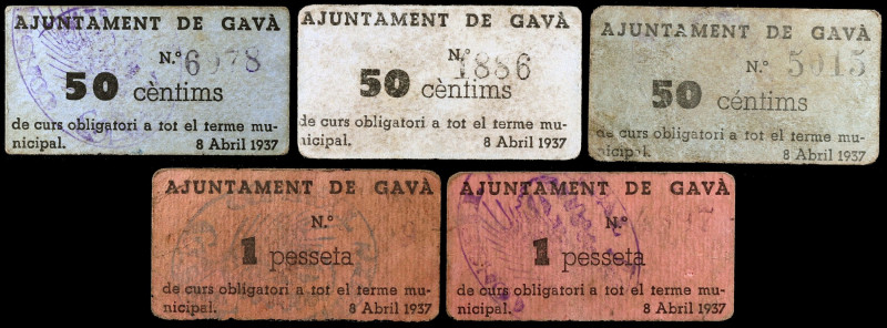 Gavà. Ajuntament. 50 céntimos (tres) y 1 peseta (dos). (T. 1278, 1278d, 1279 var...