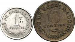Gavà. Unió de Cooperadors. 10 céntimos y 1 peseta. (AL. 618 y 620). 2 monedas. Escasas. MBC-/MBC+.