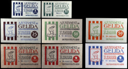 Gelida. 5, 10, 25, 50 céntimos (dos) y 1 peseta (tres). (T. 1283, 1283a y 1284 a 1289). 8 billetes. Todos los de la localidad. Conjunto escaso. MBC-/E...