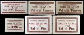 Gerri de la Sal. 20, 25 céntimos (tres) y 1 peseta (dos). (T. 1291 a 1293 var). 6 cartones, una serie completa. Todos variantes por el tampón negro. R...