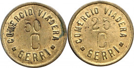 Gerri de la Sal. Comercio Viadera. 25 y 50 céntimos. (AL. falta). 2 monedas. Raras. MBC/MBC+.