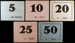 Girona. Fábrica Grover. 5, 10, 20, 25 y 50 (céntimos). (AL. falta) (RGH. falta). 5 cartones, el de 50 nº 0150. Nombre de la fábrica manuscrito con pos...