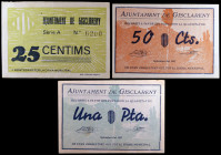 Gisclareny. 25, 50 céntimos y 1 peseta. (T. 1312 a 1314). 3 billetes. Todos los de la localidad. El de 25 céntimos nº 0200, el de 50 céntimos nº 0023 ...