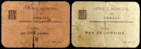 Godall. 25 céntimos y 1 peseta. (T. 1317 y 1319). 2 cartones. Muy raros. BC/BC+.