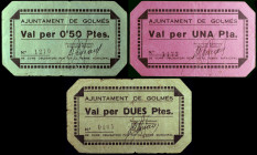 Golmés. 50 céntimos, 1 y 2 pesetas. (T. 1320 a 1322). 3 billetes, serie completa. El de 2 pesetas nº 0105. Los 50 céntimos y las 2 pesetas no figuraba...