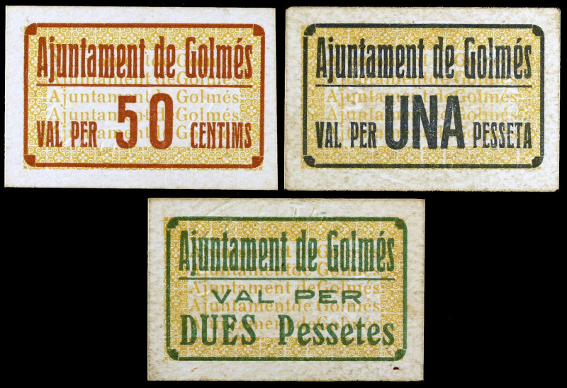 Golmés. 50 céntimos, 1 y 2 pesetas. (T. 1323 a 1325). 3 cartones, serie completa...